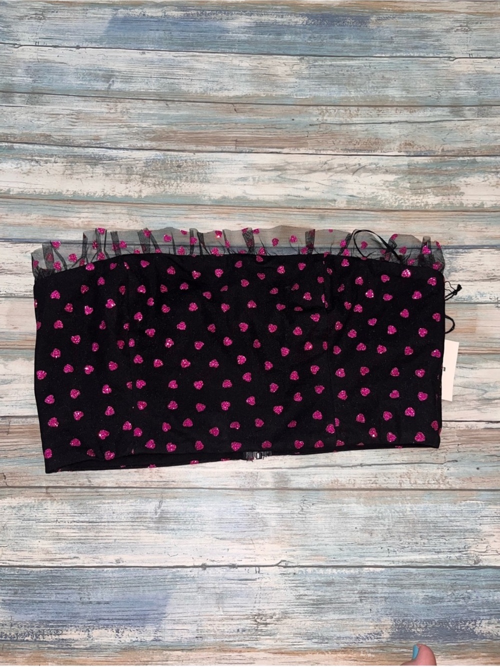 Superdown Black Pink Glitter Heart Mesh Ruffle Strapless Tube Crop Top L NWT - Picture 2 of 5